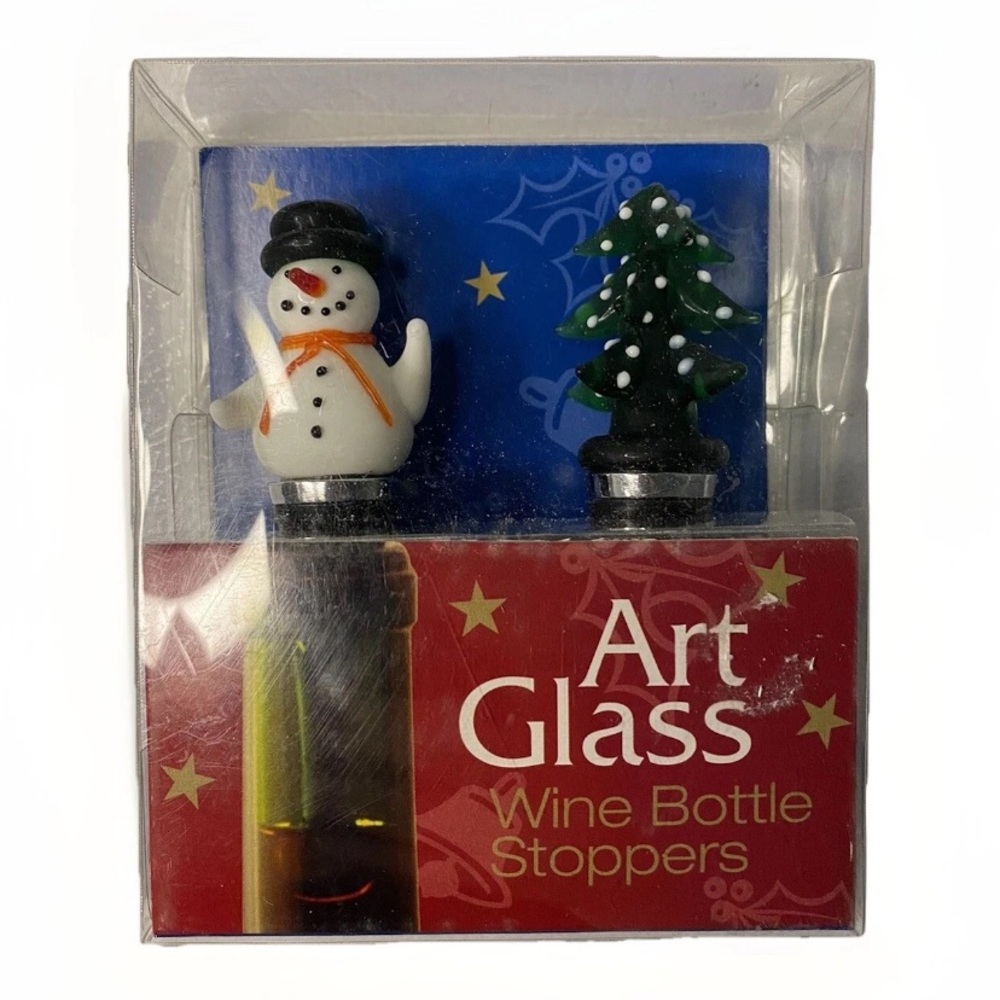 Art Glass Wine Bottle Stoppers Snowman Christmas Tree Holiday Gift